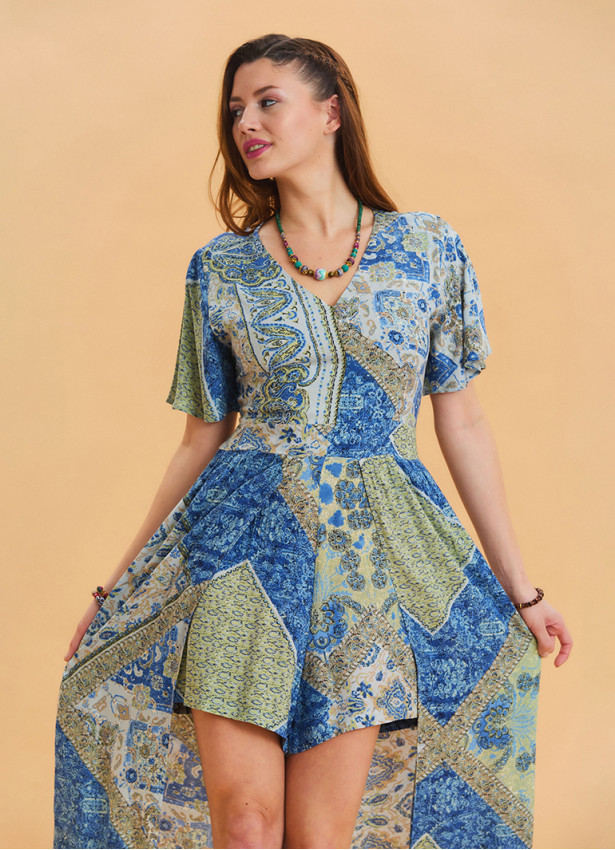 Blue Women's Ethnic Jumpsuit with Flounce Sleeves and Shorts Detail 4489